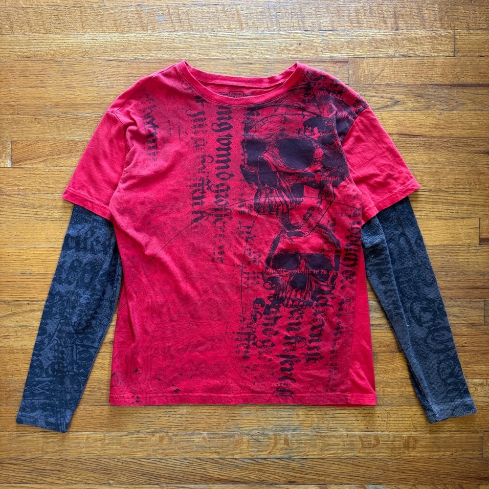 MMA Elite Mens Red Skull Graphic Layered Long Sleeve T-Shirt Y2K Goth Large